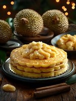 Layered durian pancake cake with fresh durian fruit topping on dark plate. Golden bokeh lights and whole durian fruits create atmospheric background setting.