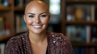 Confident bald woman with radiant smile wearing brown sweater against blurred bookshelf background, representing strength and beauty during cancer recovery journey.