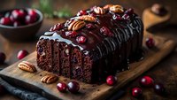 Chocolate loaf cake with dark ganache glaze topped with fresh cranberries and pecans on wooden board. Rich dessert with moist texture and festive garnish.