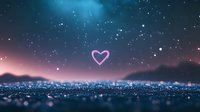 Glowing pink heart shape floating over sparkling bokeh surface against starry night sky with blue and pink gradient, creating magical romantic atmosphere.