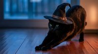 Black cat wearing witch hat stretching on wooden floor in cozy home interior during Halloween season with warm lighting and blue window background.