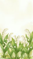 Watercolor lily of the valley border with white bell flowers and green leaves on a soft cream background with copy space.