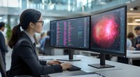 Asian female data scientist analyzing complex visualization on curved monitor displays showing code and red galaxy simulation in modern office environment.
