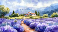 Idyllic Provence landscape with blooming lavender fields, winding path leading to traditional farmhouse, cypress trees and mountains, watercolor style illustration perfect for wall art.