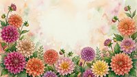 Watercolor dahlia flowers frame with copy space, colorful blooms in pink, orange and purple on soft pastel background for greeting cards.