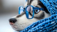 Siberian husky dog wearing blue eyeglasses and knitted scarf looking thoughtful and intelligent in cozy winter portrait for pet accessories advertising.
