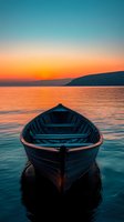 Wooden boat floating on calm water during dramatic orange sunset with coastal silhouette in background, reflecting golden light on tranquil sea surface.