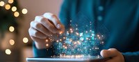 Digital transformation concept with glowing blue technology icons emerging from tablet device, person interacting with virtual interface against bokeh background.