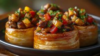 Gourmet vol-au-vent pastry shells filled with savory vegetable ratatouille topped with fresh herbs, served on dark plate for elegant appetizer or party food.