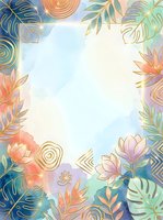 Watercolor tropical floral frame with gold line art leaves, monstera, and blooms on pastel background with copy space for invitations.