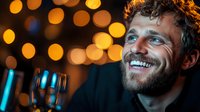 Cheerful Caucasian man with beard and curly hair smiling broadly at night, illuminated by warm bokeh lights and neon glow, expressing genuine joy and happiness.