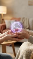 Hands holding glowing purple yin yang symbol in cozy living room representing balance, harmony, wellness and spiritual energy for holistic healing concepts.