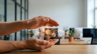 Protective hands holding glowing digital cubes representing data security, blockchain technology and information protection in modern office environment.