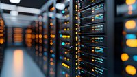 Server racks with glowing LED indicators in modern data center, selective focus on equipment with blurred bokeh lights creating depth and technological atmosphere.