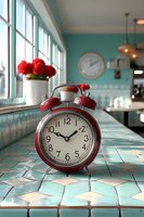 Red vintage alarm clock on retro turquoise tiled counter with red carnations and wall clock in background of bright cafe interior, nostalgic morning atmosphere.