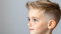 Young Caucasian boy with modern fade haircut and styled brown hair smiling while looking to side against light gray background, profile portrait in studio lighting.