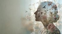 Young woman profile silhouette with blooming flowers and flying birds double exposure art for wellness meditation and mental health concepts.