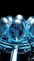 Futuristic glowing eggs with circuit board patterns on a robotic platform, emitting blue neon light against a dark background.