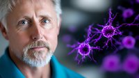 Senior Caucasian male scientist with gray beard and blue eyes alongside purple neuron visualization, representing medical research in neuroscience.