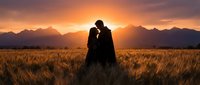 Romantic couple silhouette embracing in golden wheat field at sunset with mountain backdrop creating intimate moment for wedding and love concepts.
