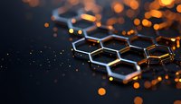 Glowing hexagonal molecular structure with orange bokeh lights on dark background, scientific concept for chemistry and technology presentations.