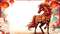 Ornate red horse with golden decorations and flowing mane in traditional Asian style with lanterns and cherry blossoms for lunar new year celebrations.