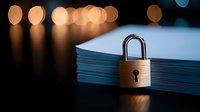 Brass padlock securing stack of documents with blurred bokeh lights in background, symbolizing data protection and confidential information security.
