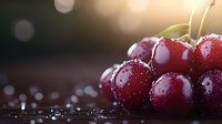Fresh ripe red cherries with water drops on dark background, macro shot with soft bokeh lights and selective focus for food photography.
