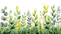 Watercolor botanical border with eucalyptus leaves, yellow wildflowers and green foliage creates fresh spring garden composition. Seamless pattern for nature designs.