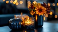Cozy autumn evening scene with decorative pumpkin, glowing candle and orange chrysanthemum flowers creating warm ambiance with bokeh lights background.