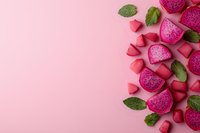 Fresh dragon fruit slices and cubes arranged with mint leaves on pink background, flat lay composition with copy space for text or design elements.