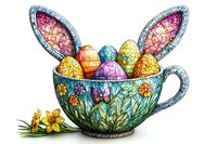 Colorful Easter bunny teacup with mosaic pattern, decorated with spring flowers and filled with painted eggs. Whimsical stained glass style artwork for holiday designs.