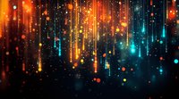Magical glowing particles and light streaks falling from above create atmospheric backdrop in orange and turquoise colors against dark background. Festive bokeh effect.