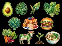 Watercolor food and nature clipart set with avocado, burger, pancakes, vegetables, cow, and plants, isolated on transparent background. Ready for stickers, t-shirt design, and print on demand.