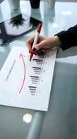 Businesswoman analyzing financial growth chart with red pen on glass desk in modern office environment showing upward trend and quarterly results.