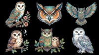 Ornate owl collection featuring six decorative birds with intricate patterns, floral details, and jewel tones. Isolated on transparent background, ready for t-shirts, clipart, stickers, and print-on-demand designs.