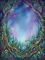 Enchanted forest clearing framed by gnarled trees with luminous foliage, starry night sky glowing in purple and blue tones, mystical woodland landscape for fantasy and nature designs.