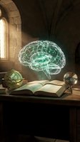 Glowing green holographic brain floating above open book on wooden desk in medieval stone chamber with ancient scientific instruments for education concepts.