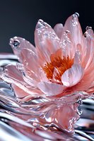 Pink water lily petals with crystal clear water drops reflecting light, creating ethereal macro photography effect against dark background.