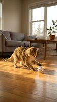 Orange tabby cat playing with a toy ball on wooden floor in bright living room with gray sofa, wooden table, potted plant, and sunlit window for pet lifestyle and home interior design.
