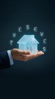 Businessman hand holding glowing house model with floating currency symbols for real estate investment and property finance concepts.