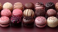 Assorted gourmet chocolate truffles and macarons with decorative toppings arranged on pink background for confectionery and dessert designs.