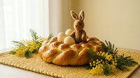 Easter braided bread with eggs and bunny decoration on golden placemat with mimosa flowers for spring holiday celebration and festive table setting.