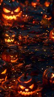 Glowing carved pumpkins with scary faces among fallen autumn leaves at night, illuminated by warm light with magical sparkles and bokeh effects creating spooky atmosphere.