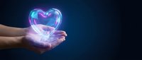 Hands holding glowing holographic heart with neon light effects on dark background for healthcare technology and digital wellness concepts.