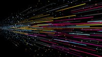 Colorful light streaks radiating from center point against black background, creating dynamic motion effect for technology and data visualization designs.