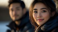 Young Asian woman smiling warmly at sunset, wearing dark winter scarf, with soft natural lighting highlighting her features while male figure appears blurred in background.