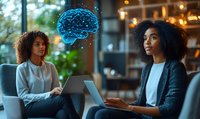 Young diverse businesswomen in modern office with glowing digital brain hologram, discussing artificial intelligence and neural networks during meeting.