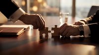 Business professionals connecting puzzle pieces on conference table symbolizing teamwork, collaboration and partnership in corporate environment.
