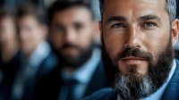 Middle-aged man with full beard and gray hair wearing blue business suit, professional corporate portrait with blurred male colleagues in background, suitable for business, leadership, teamwork and corporate communications.